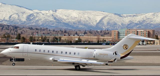 Bombardier Global 5000 (N443PR) - Republican presidential candidate Donald Trump arrives in Reno in the Bombardier Global 5000 (N443PR) of his long-time friend (and owner of the Treasure Island casino in Las Vegas) Phil Ruffin.  Ruffins private jet is captured here touching down on runway 16L at exactly high noon one week ago today.