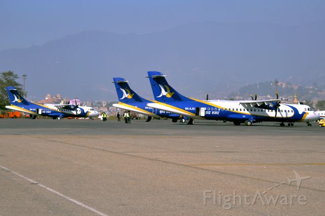 ATR ATR-72 (9N-AJO) - Fleet shot of Buddha Air, Kathmandu, Nepal. 27th Dec., 2013