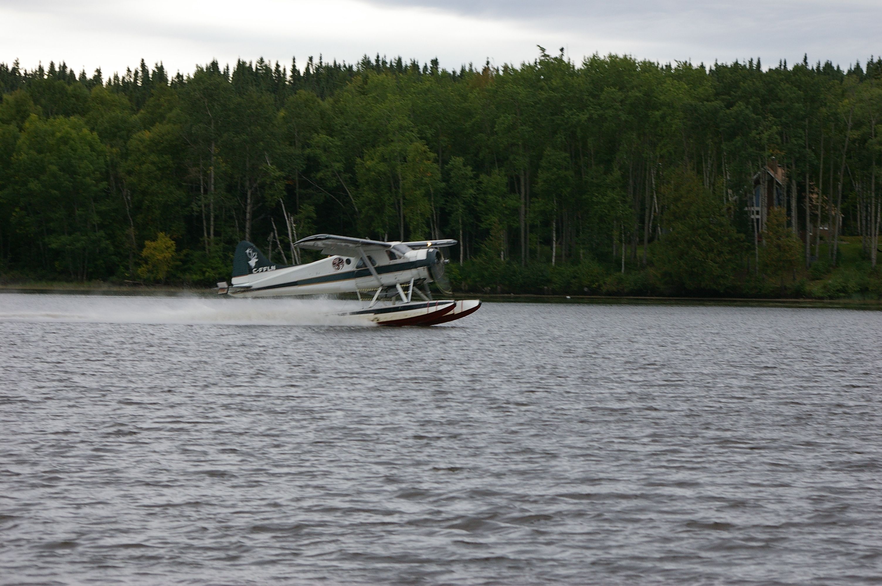 — — - Sur la rivière Piché près de Val-d'Or, décollage d'un Beaver.