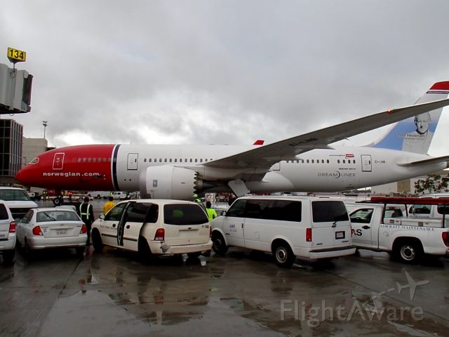 Boeing 787-8 (EI-LNB) - Inaugural Norwegian flight, br /ARN to LAX arriving to gate 134. March 1st, 2014.