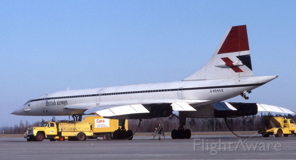 Aerospatiale Concorde (GN94AB) - G-N94AB (G-BOAB) parked on the ramp at CYMX (Mirabel near Montreal) in January 1980, taking on fuel prior to departure.  This was probably a diversion from KIAD due to weather.  Notice the registration.