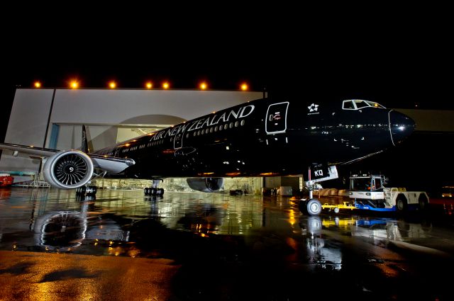 BOEING 777-300 — - Air New Zealand has revealed the worlds largest commercially operated aircraft to be painted completely black.  World Champion All Blacks rugby players Kieran Read and Andy Ellis ceremonially led the one-of-a-kind Boeing 777-300ER aircraft out of Boeings paint hangar facility in Seattle on Friday night 16th December (US West Coast Time), highlighting Air New Zealands long-time sponsorship of the recently crowned World Champion All Blacks rugby team.