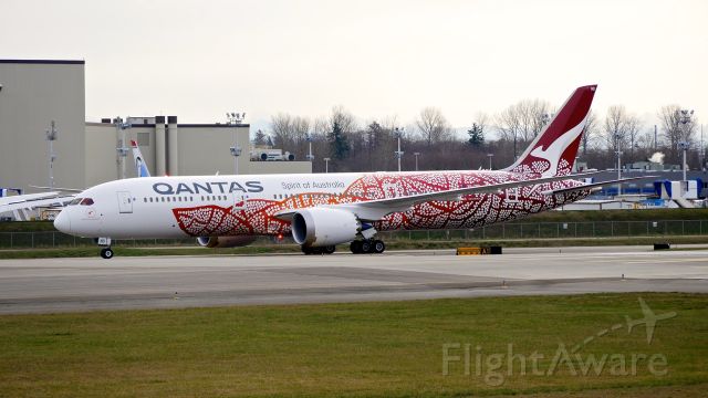 Boeing 787-9 Dreamliner (VH-ZND) - BOE272 taxis to the BOE North ramp on completion of a C2 flight on 2.20.18. (ln 669 / cn 63390). The aircraft has been named for the late Emily Kngwarreye, the artist who created the original design "Yam Dreaming" which was the inspiration for the design on the aircraft. 